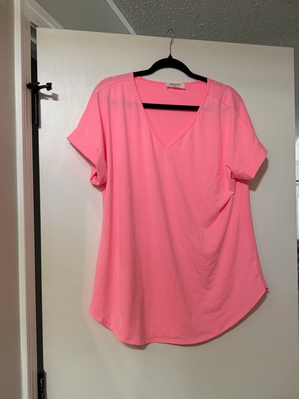 Zenana Outfitters V-Neck Short Sleeve Tee in Neon Pink
